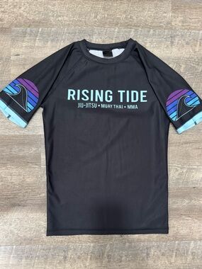 Rising Tide Black Rash Guard with Teal, Purple and Blue Accents